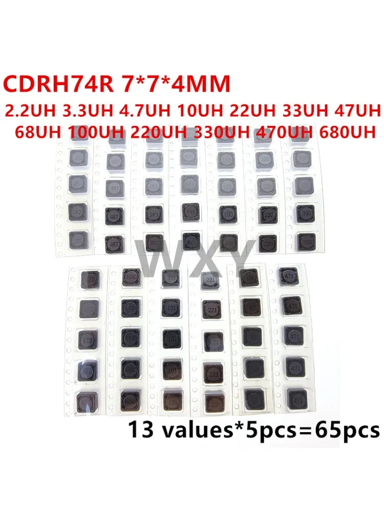 Kit Surtido Inductores Potencia SMD Blindados CDRH74R (7.7x4mm) - 13 Valores (2.2uH-680uH) (Total 65 Piezas)