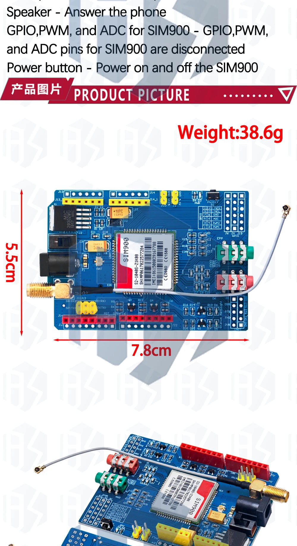 Kit Módulo GSM/GPRS SIM900 Quad-Band (850/900/1800/1900MHz) Placa Desarrollo Ultra Compacta con Antena SMA para Arduino