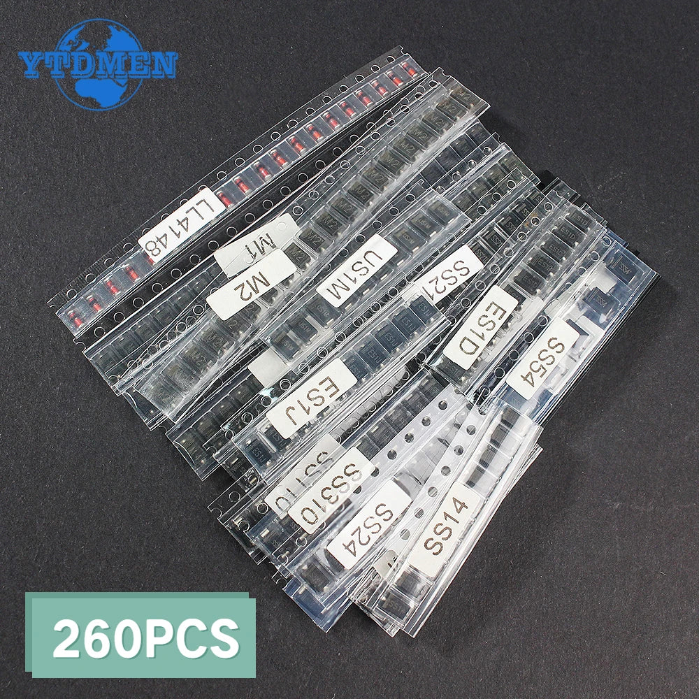 Kit Surtido Diodos Rectificadores SMD (Schottky/Switching) M1/M4/M7/SS14/SS24/RS1M/US1M/SS34/SS54/BAT54C/BAT54S/LL4148 (260 Piezas)
