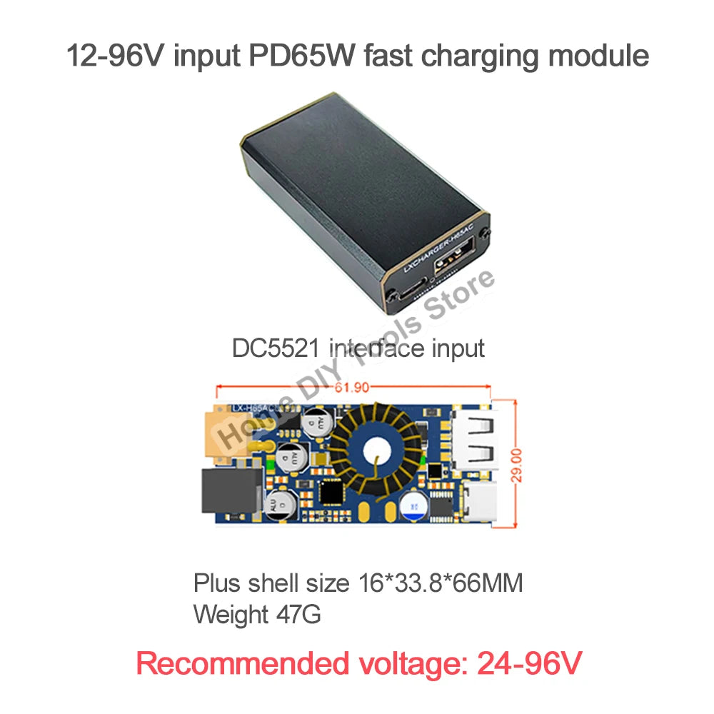 Módulo Adaptador Carga Rápida Doble USB (USB-A QC3.0 + USB-C PD) 65W DC 12V-96V Step-Down Apple/Huawei SCP/FCP