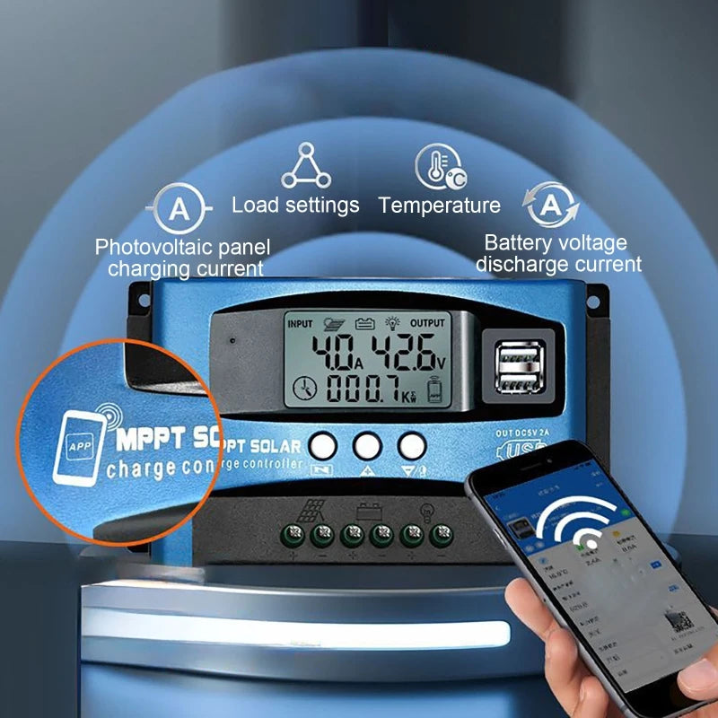Controlador Carga Solar MPPT 30A-100A 12V-60V Bluetooth LCD Dual USB para Batería Plomo-Ácido/Litio