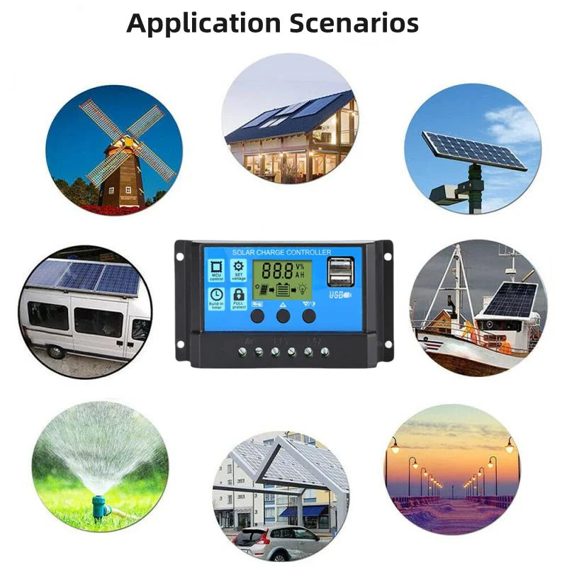 Controlador Carga Solar PWM 10A 12V/24V Control Luz/Tiempo Auto Dual USB LCD