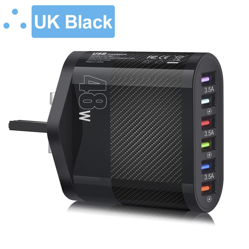 Cargador Pared Rápido USB 6 Puertos (6 en 1) Adaptador Carga para Samsung S22/S23, Xiaomi