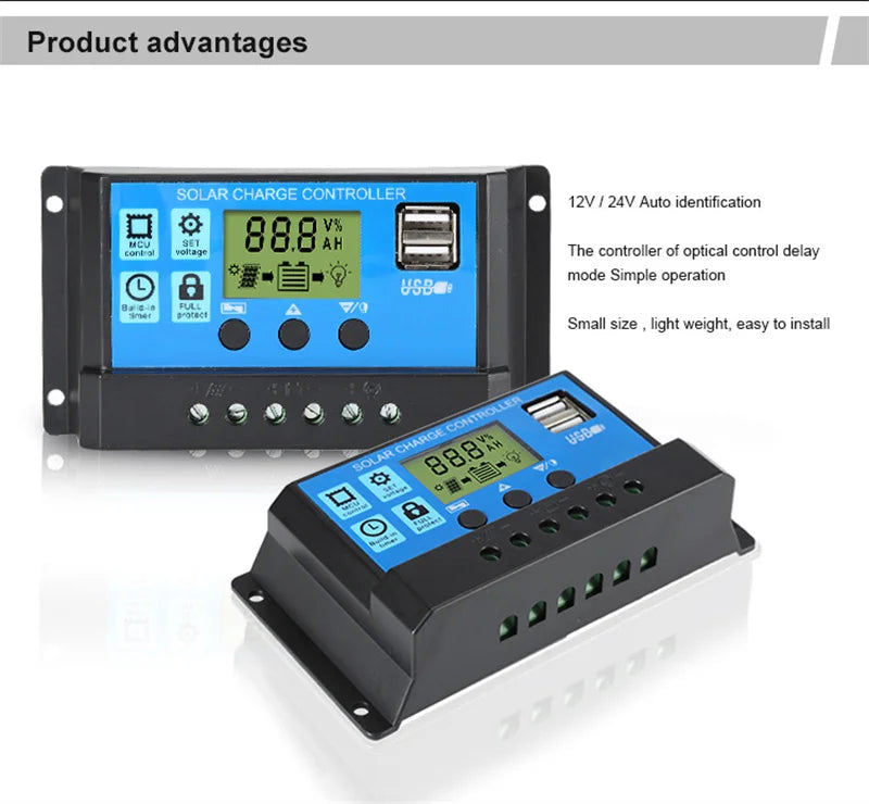 Controlador Carga Solar PWM 10A 12V/24V Control Luz/Tiempo Auto Dual USB LCD