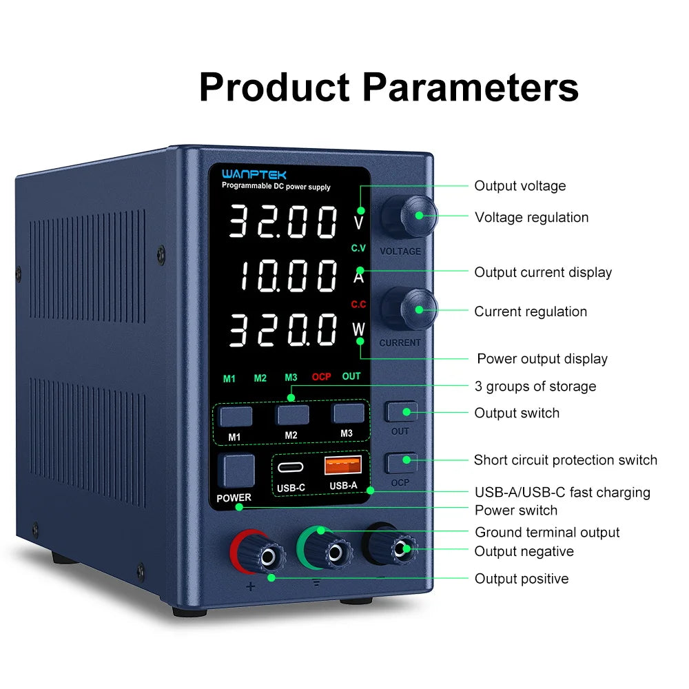 Fuente de Poder Laboratorio WANPTEK DC Ajustable 30V/60V/120V Regulador Voltaje Preajuste V/A (Input 110V/220V)