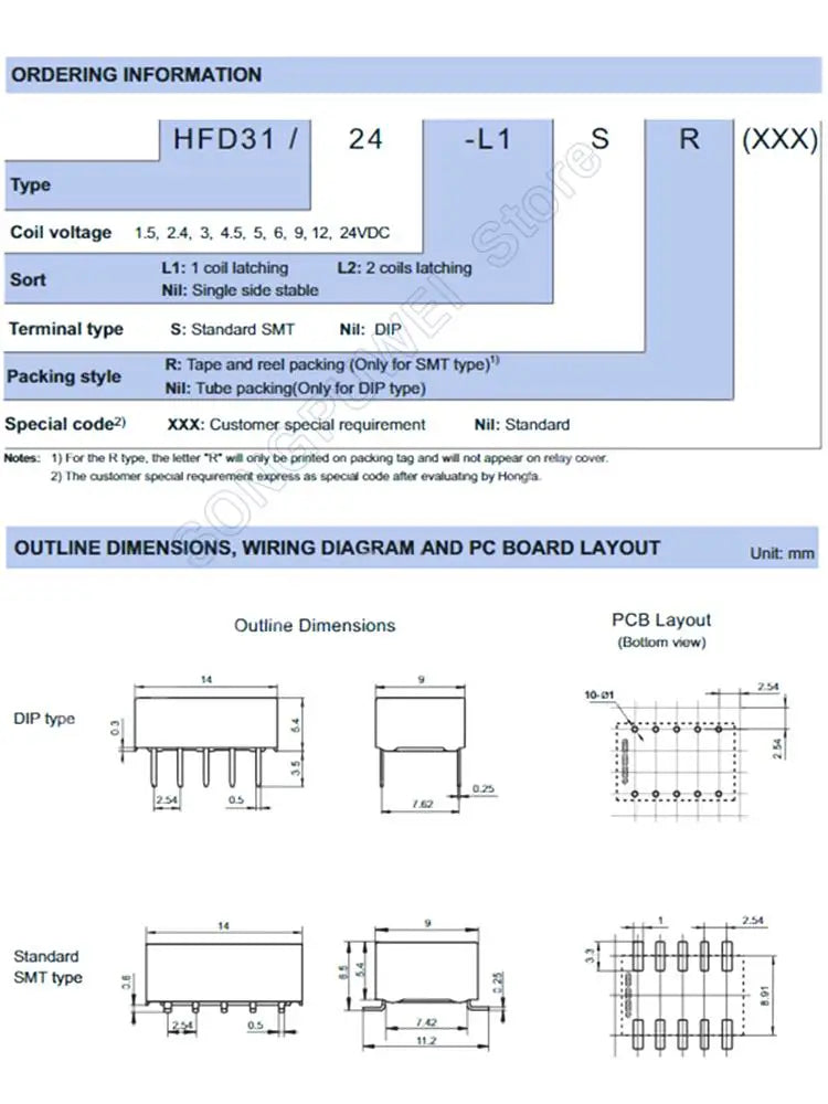 Relé Señal HFD31 SMD/DIP 10-Pin 0.5A 125VAC - Voltajes (5V/12V/24V DC) - Lote 10 Piezas
