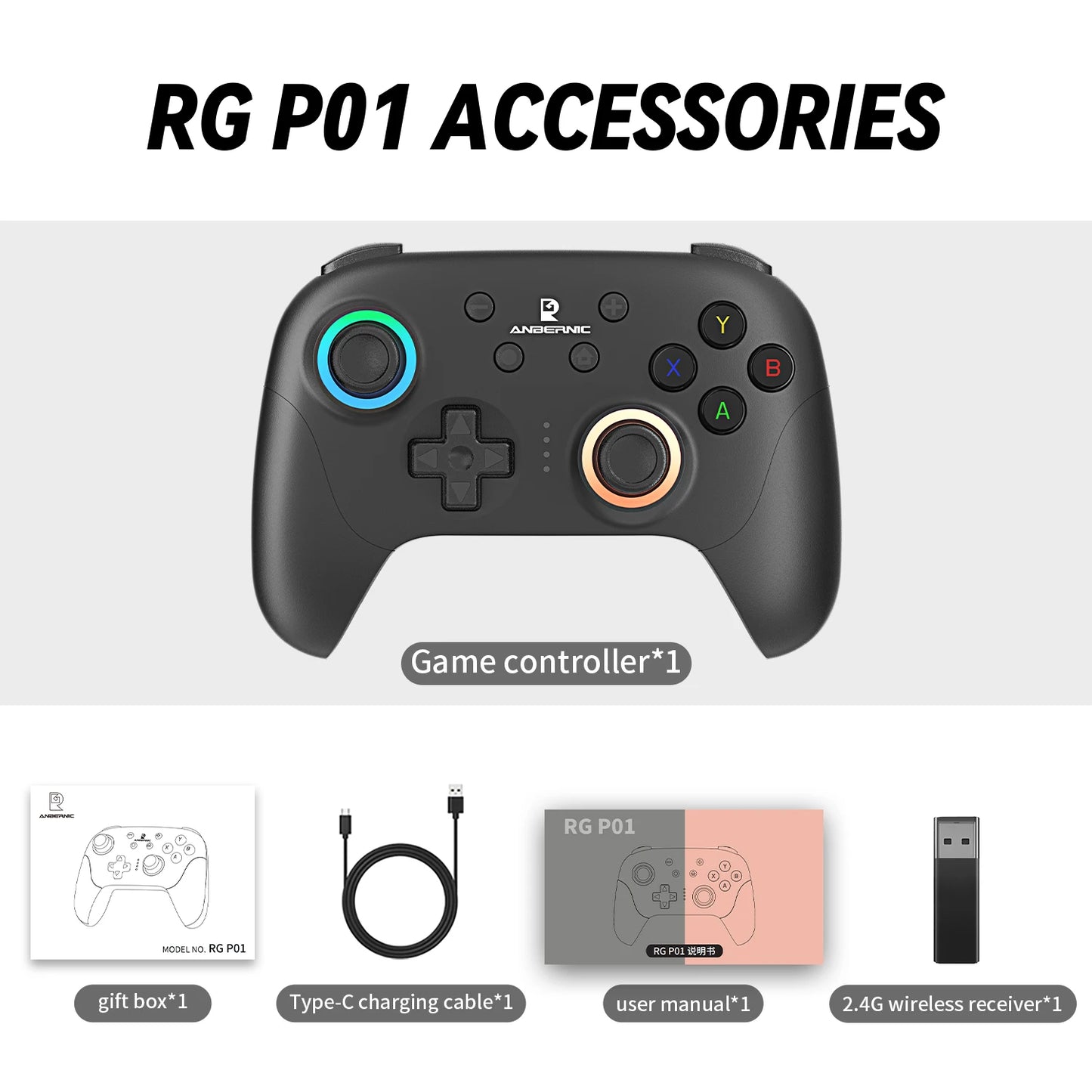 Gamepad ANBERNIC RG P01/RGP01 Bluetooth/Cableado con Joystick Efecto Hall RGB para Switch/PC/Steam/Android/iOS