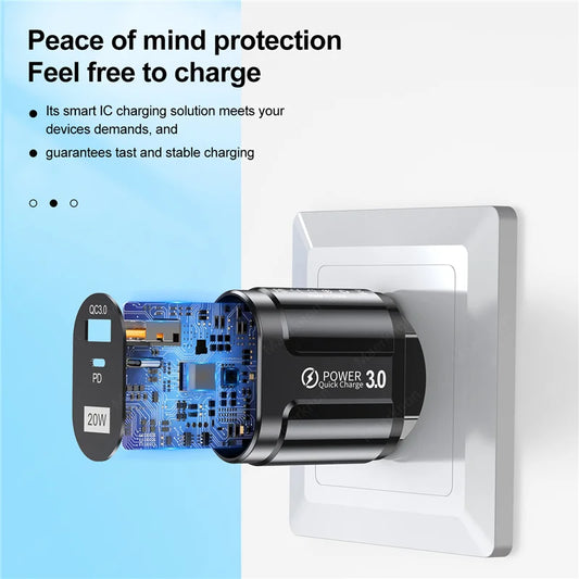 Cargador USB Doble Puerto (Quick Charge 3.0, PD 20W Tipo C) Adaptador Carga Rápida para iPhone 13/12Pro/Huawei/Xiaomi/Samsung