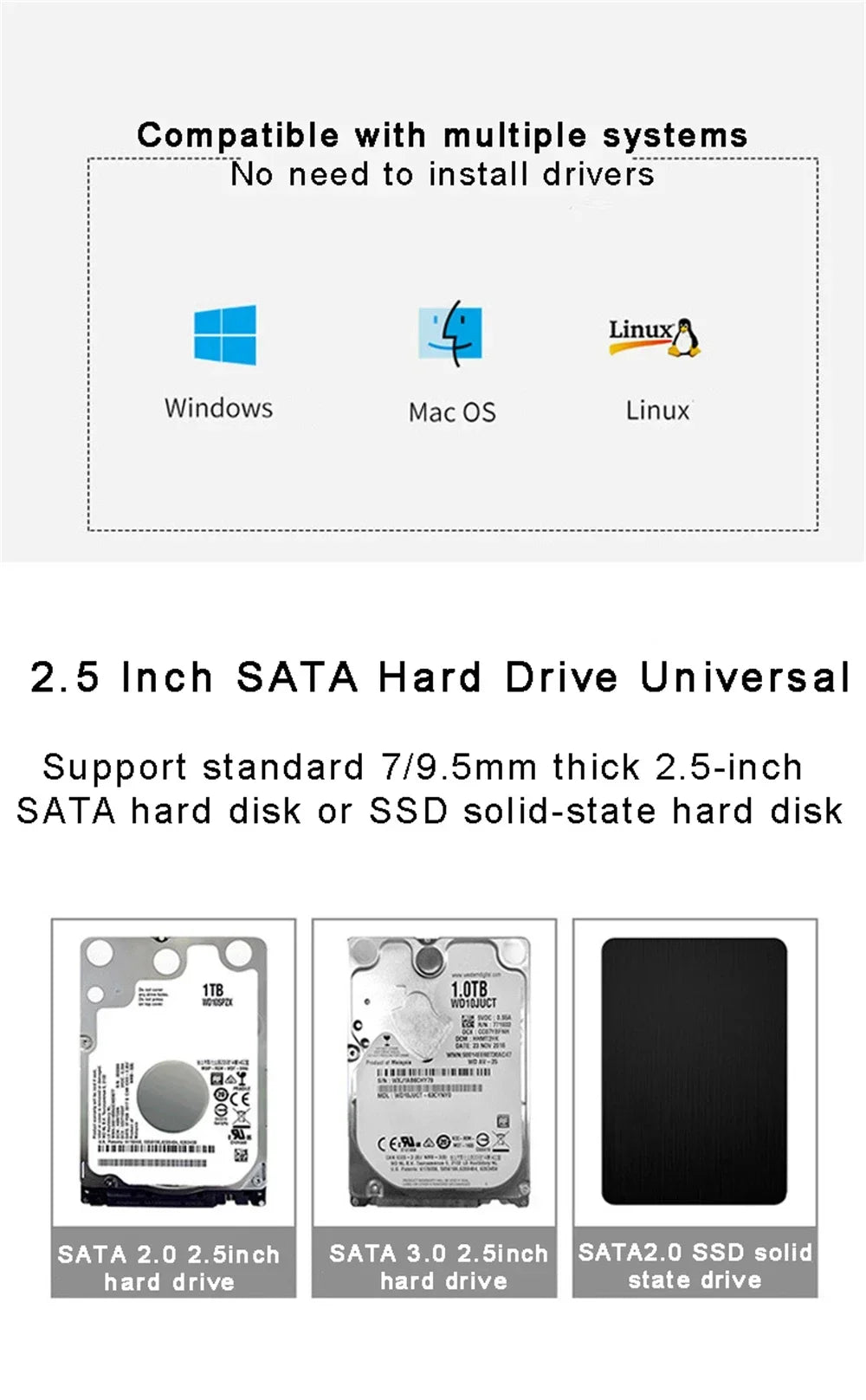 Carcasa Externa USB 3.0/Tipo C para Disco Duro HDD/SSD SATA 2.5" (UASP, Transparente, Portátil, Tool-Free)
