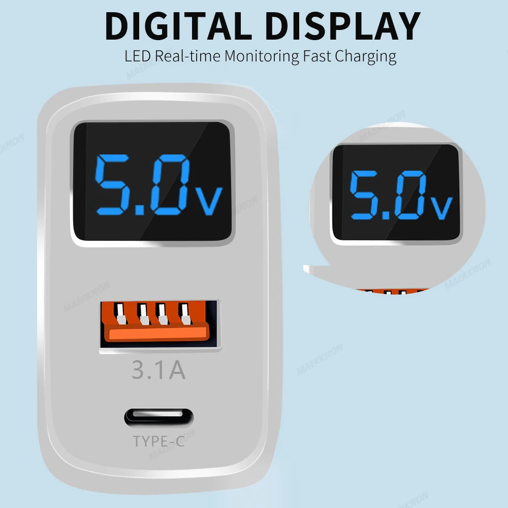 Cargador Pared USB Tipo C PD 20W Carga Rápida con Pantalla Digital para iPhone/Samsung/Xiaomi