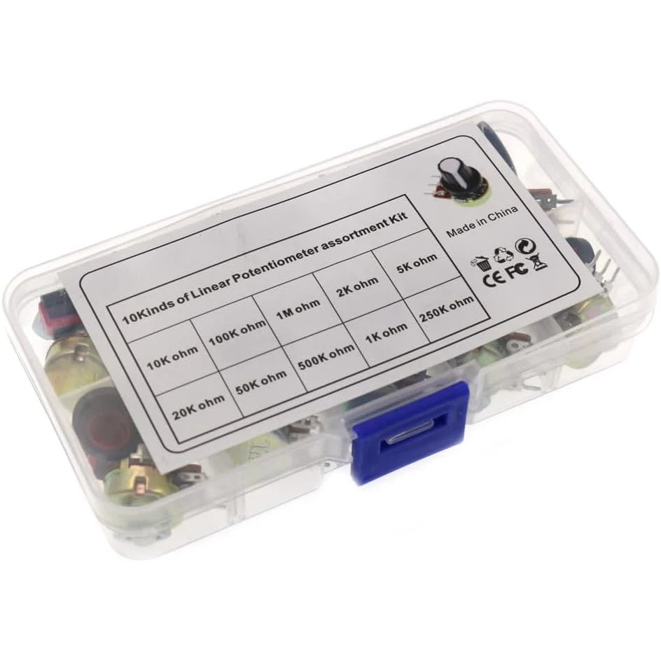 10 Sets 15MM WH148 Knurled Shaft 3 Terminals Linear Taper Rotary Potentiometer Assortment Kit B1K 2K 5K 10K 20K 50K 100K 250K 50