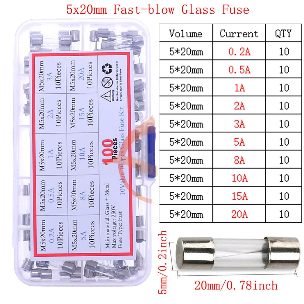 12V-250V Slow Fast Glass Fuse With Lead Wire Mix kit 0.1A 0.25A 0.5A 1A 2A 2.5A 3A 3.15A 4A 5A 6A 6.3A 8A 10A 15A 16A 20A 30A