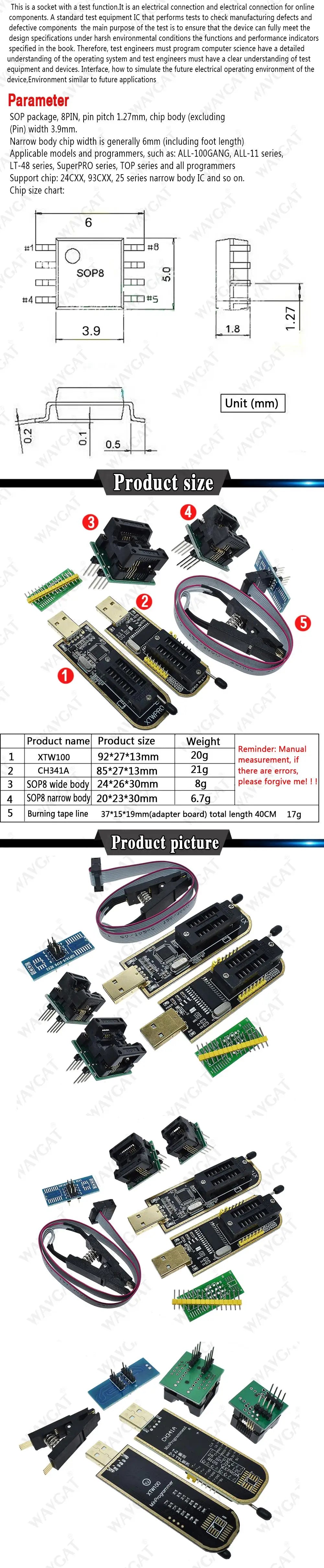 Kit Programador USB XTW100 (CH341B) 24/25 Series EEPROM Flash BIOS + Clip Test SOIC8/SOP8