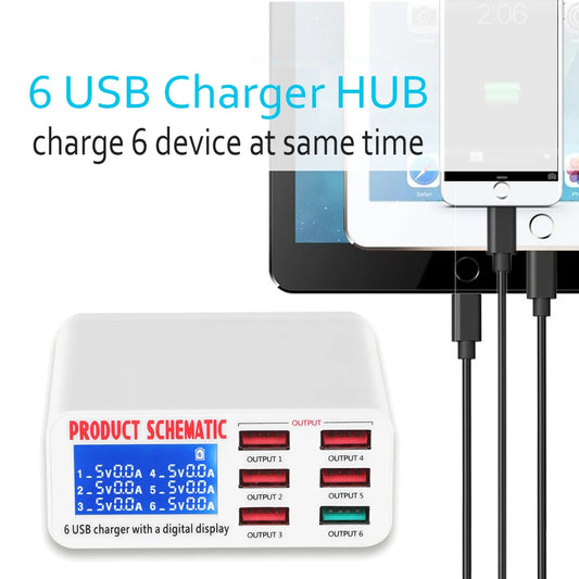 Cargador Escritorio USB 8A QC 3.0 (6 Puertos) con Pantalla LCD Carga Rápida Inteligente para Móvil/Tablet