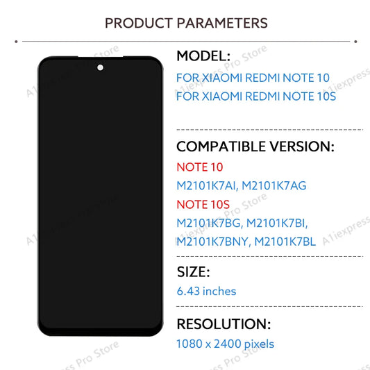 AMOLED LCD For Xiaomi Redmi Note 10 4G 10S LCD Display Touch Screen Digitizer Assembly For Redmi Note10S M2101K7AI M2101K7BG