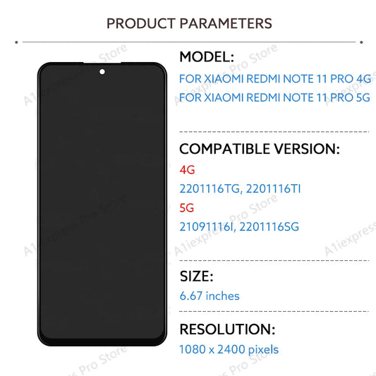 LCD Display Screen For Xiaomi Redmi Note 11 Pro 4G 5G Touch Screen Digitizer Assembly 2201116TG 2201116TI 21091116I 2201116SG