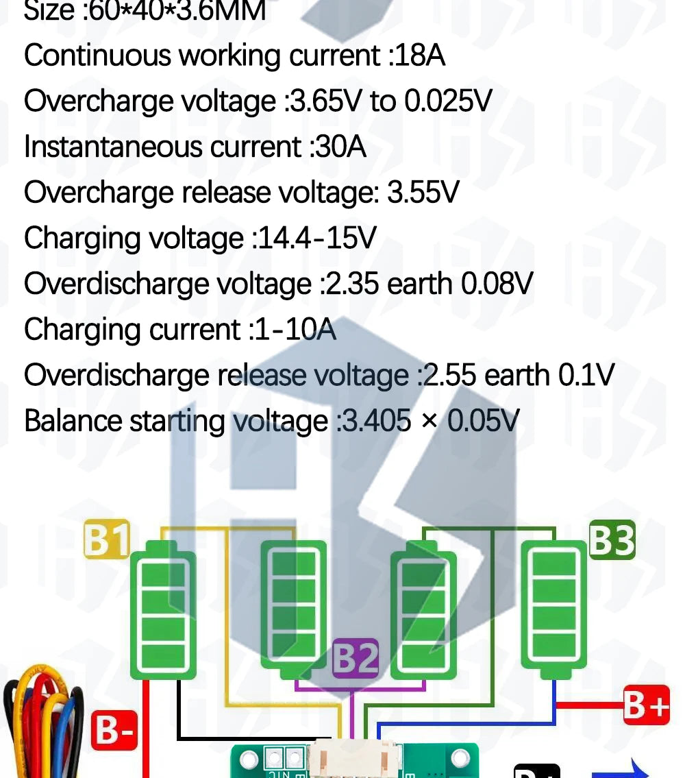 4S 3.2V/3.7V 18650 20A Lifepo4 Battery Balanced BMS board with balanced With cable