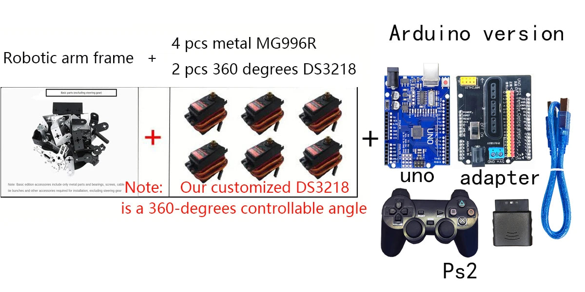 Kit Brazo Robot Mecánico Aleación Metálica 6-DOF (360°, para MG996R) Arduino Robótica Educacional Programable PS2