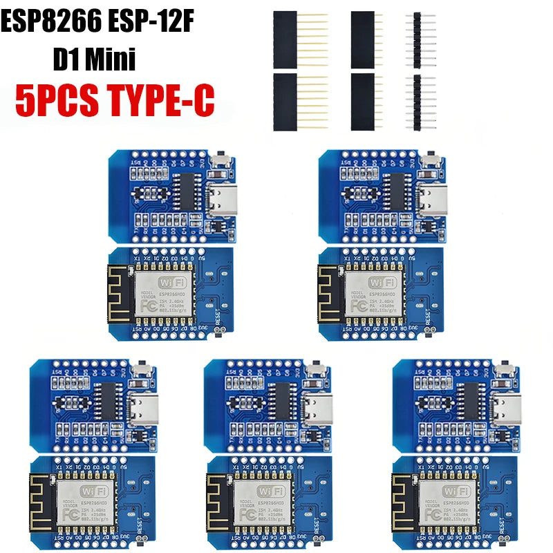 Lote 1-10 Pcs Módulo Wemos D1 Mini WiFi ESP8266 (ESP-12F) CH340G V2 USB-C/Micro Placa Desarrollo 3.3V + Pines Arduino