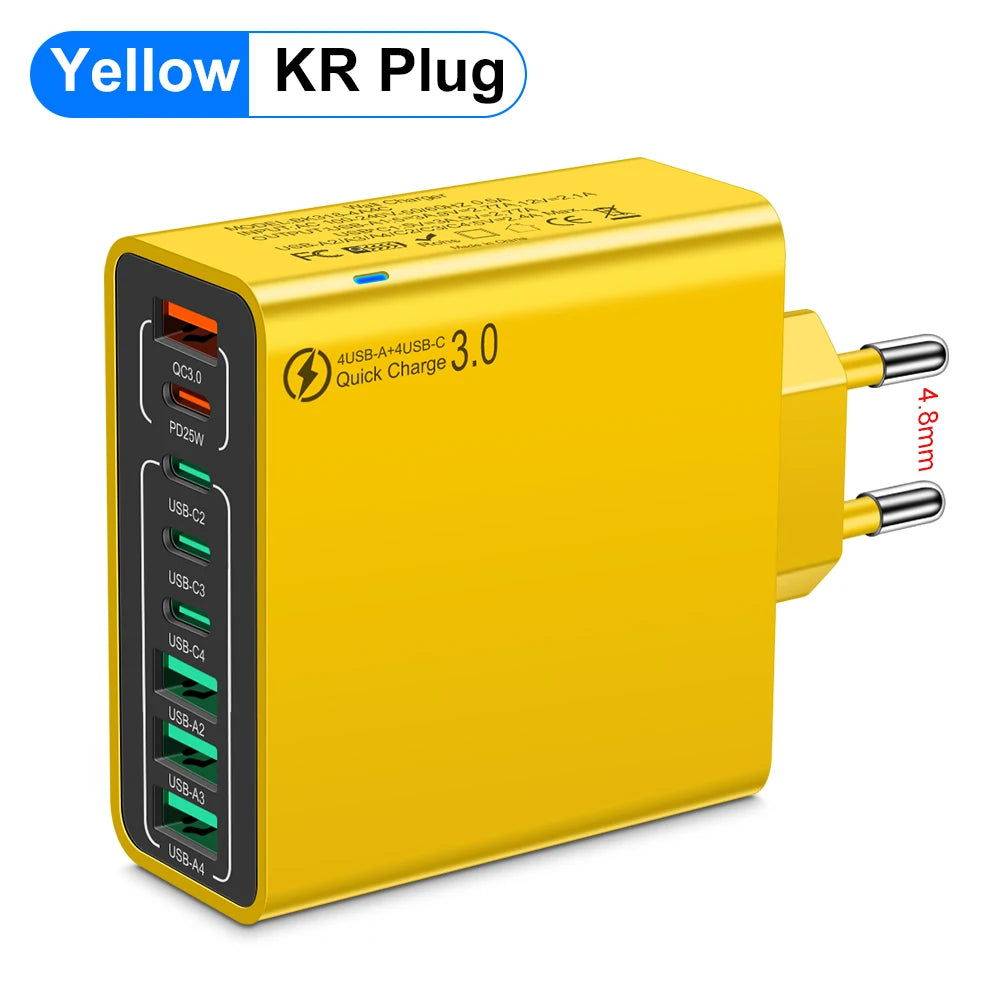 Cargador Pared USB 8 Puertos (Total 65W) Carga Rápida (PD Tipo C, QC 3.0) Adaptador para iPhone 14/15 Pro Max/Xiaomi/Samsung