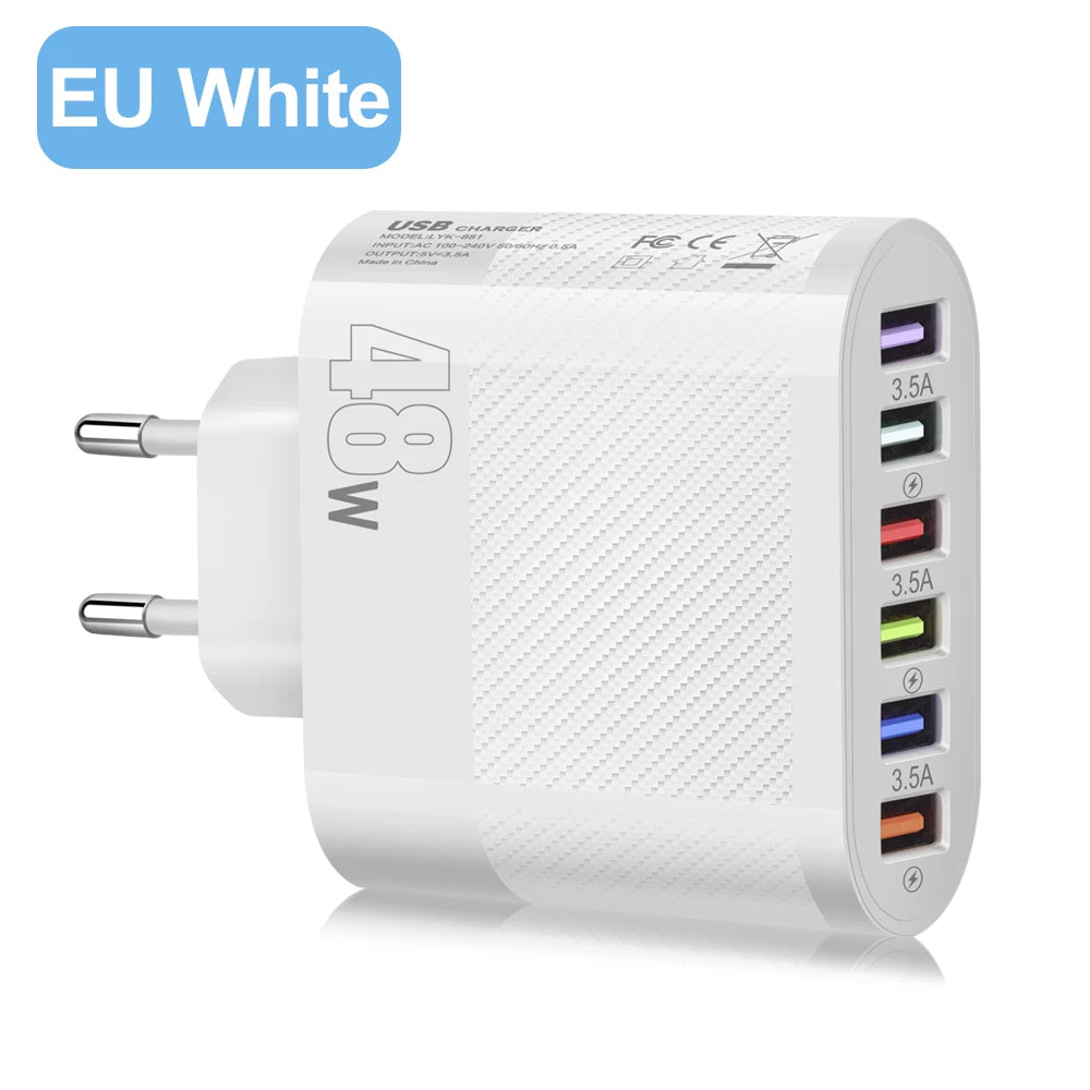 Cargador Pared Rápido USB 6 Puertos (6 en 1) Adaptador Carga para Samsung S22/S23, Xiaomi