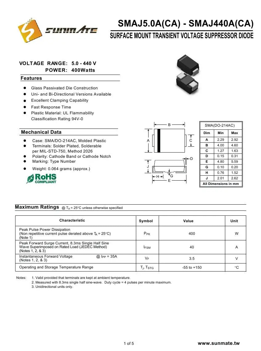 50PCS SMAJ36A SMAJ36CA SMAJ40A SMAJ40CA SMAJ43A SMAJ43CA SMAJ45A SMAJ45CA DO-214AC(SMA) TVS transient suppression diode