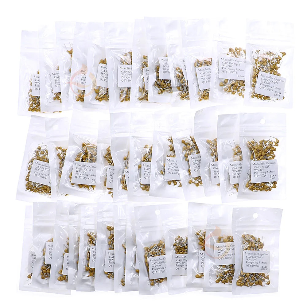 Kit Surtido Capacitor Cerámico Multicapa (10pF-1uF, 50V, 36 Valores x 100 Unidades = 3600 Piezas)