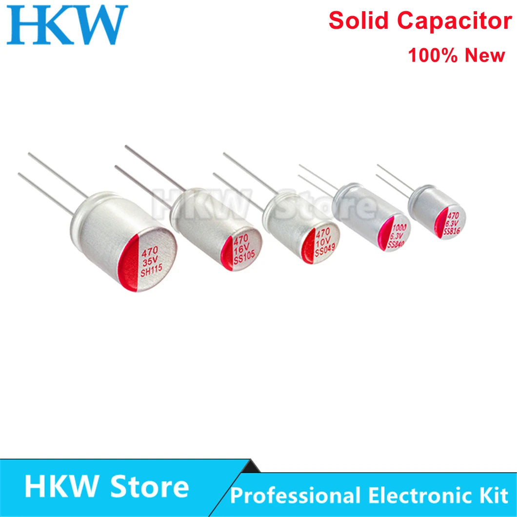 Capacitor Electrolítico Sólido DIP Bajo ESR (100uF-1000uF, 6.3V-50V) - Pack 10 Unidades (Valores Surtidos)