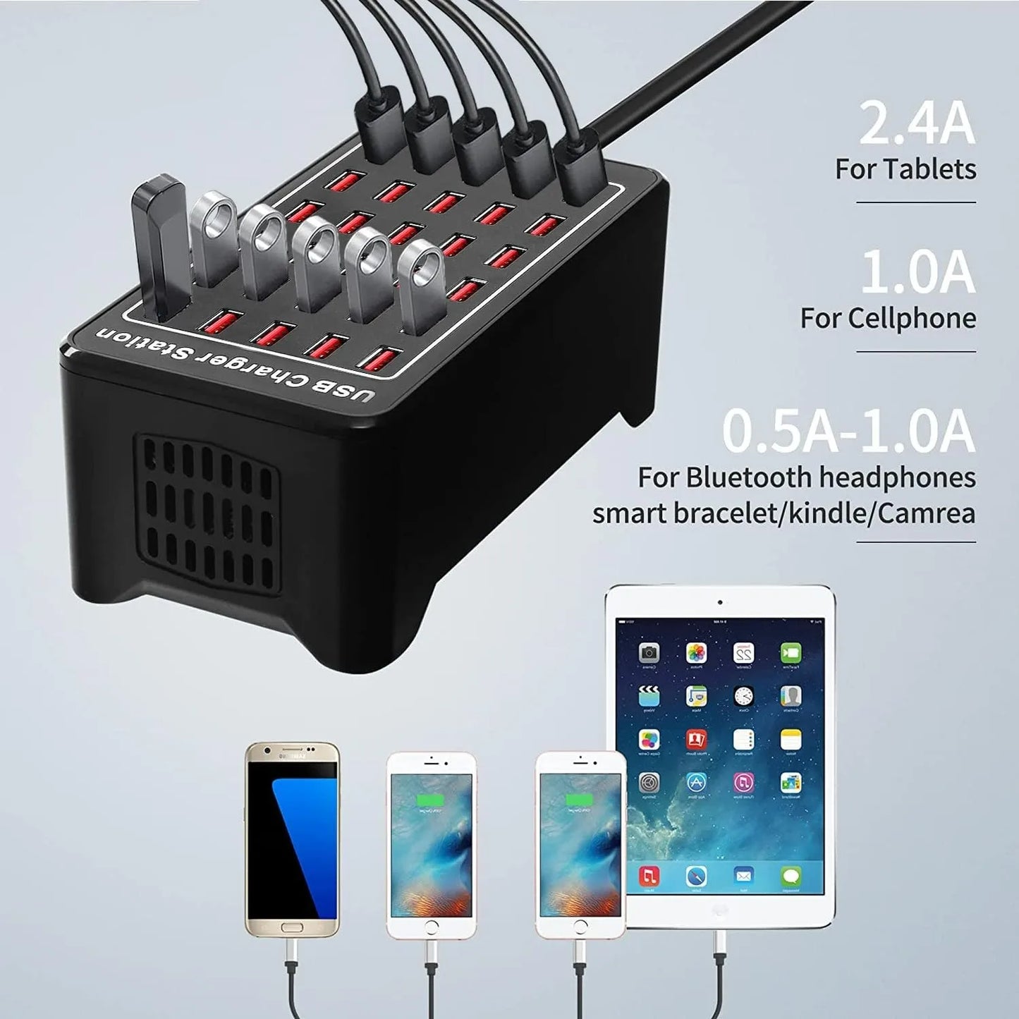 Hub Cargador USB Inteligente Escritorio 20/30 Puertos (100W/150W) Estación Carga Multi-Puerto para Samsung/iPhone/iPad/Tablet