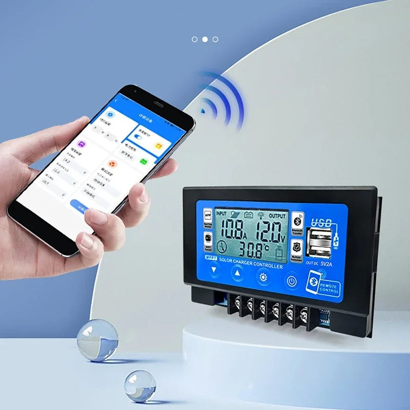 Controlador Carga Solar MPPT 30A/60A 12V/24V LCD Display Bluetooth/WiFi Snap-On Almacenamiento Energía