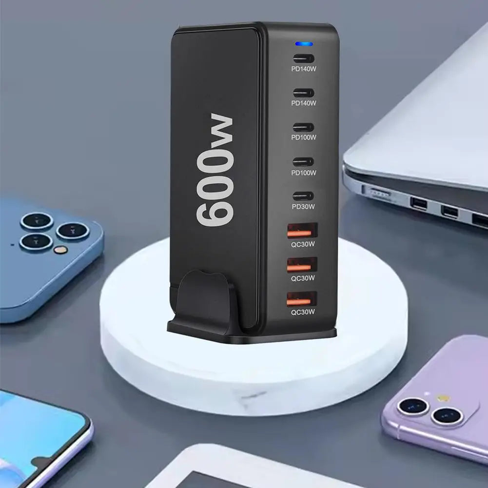 Cargador Escritorio GaN 600W PD3.1 Multifunción 28V/5A USB-C Adaptador US/EU/UK/AU Ahorro Energía