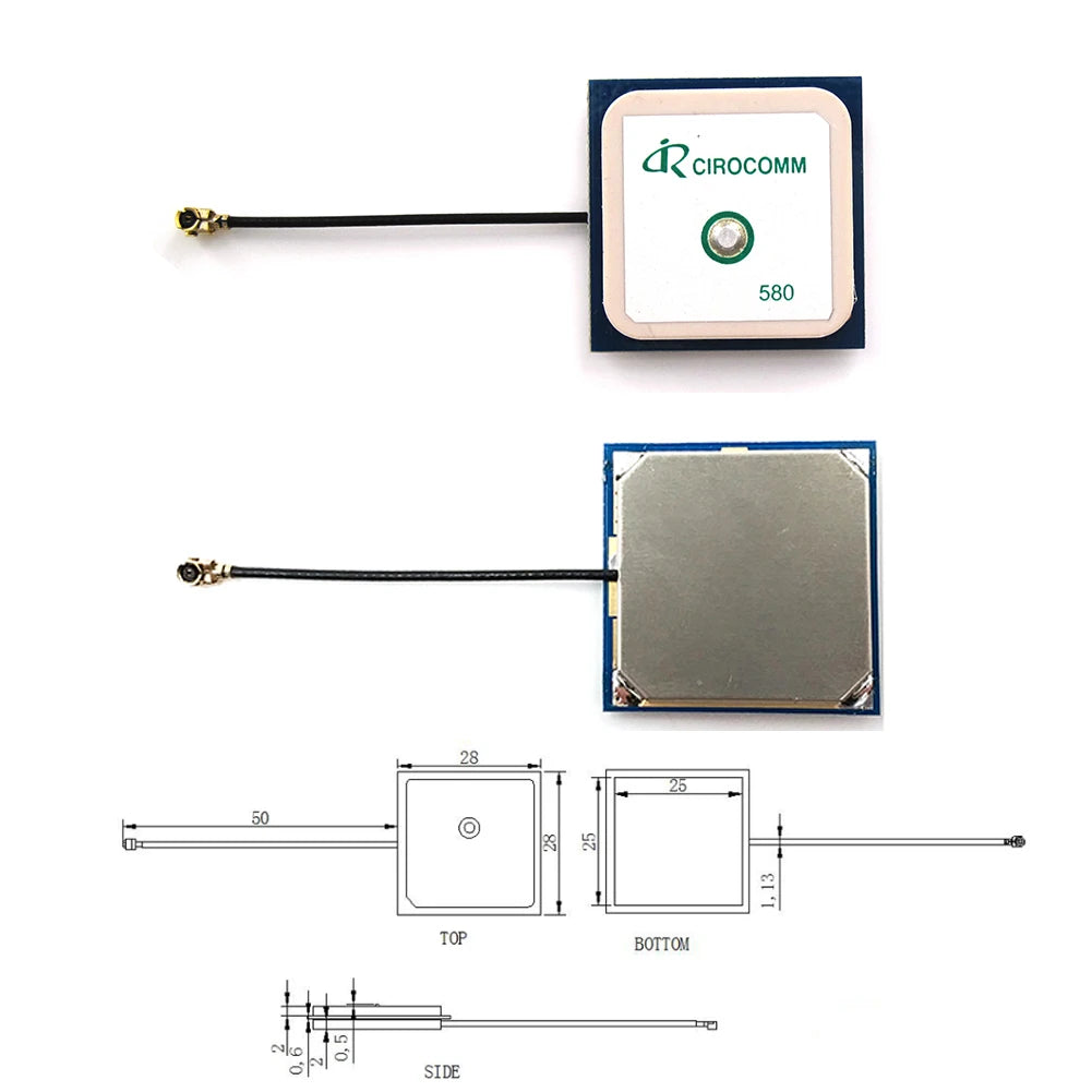 Antena GPS Activa Interna Beitian BT-580 Cirocomm (Cerámica 25x25x2mm, 32dB Ganancia, Conector IPEX, Cable 5cm)