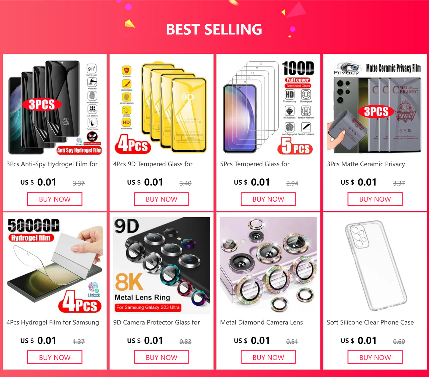 Film Hidrogel Cobertura Completa para Samsung S8-S10 Plus/S10E/S20 FE/S21-S24 Ultra/Note 10+/Note 20 Ultra (4 Unidades)