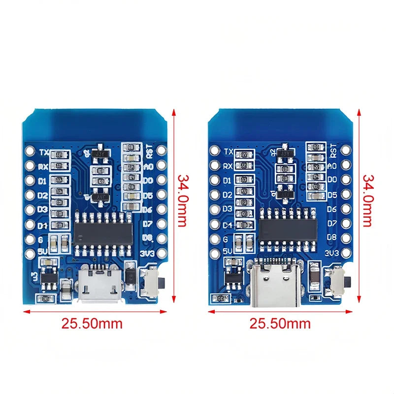Lote 1-10 Pcs Módulo Wemos D1 Mini WiFi ESP8266 (ESP-12F) CH340G V2 USB-C/Micro Placa Desarrollo 3.3V + Pines Arduino