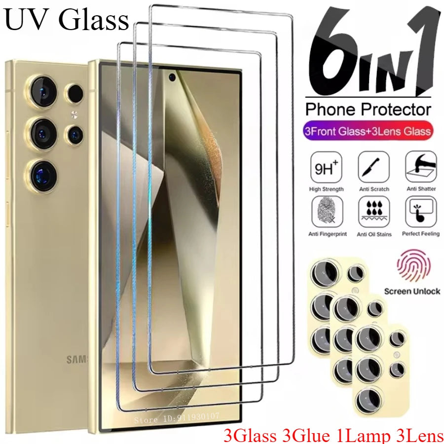 Pack 6en1 Protector Pantalla Cristal Templado UV + Lente Cámara para Samsung Galaxy S24/S23/S22/S21 Ultra/Plus (Desbloqueo Huella)