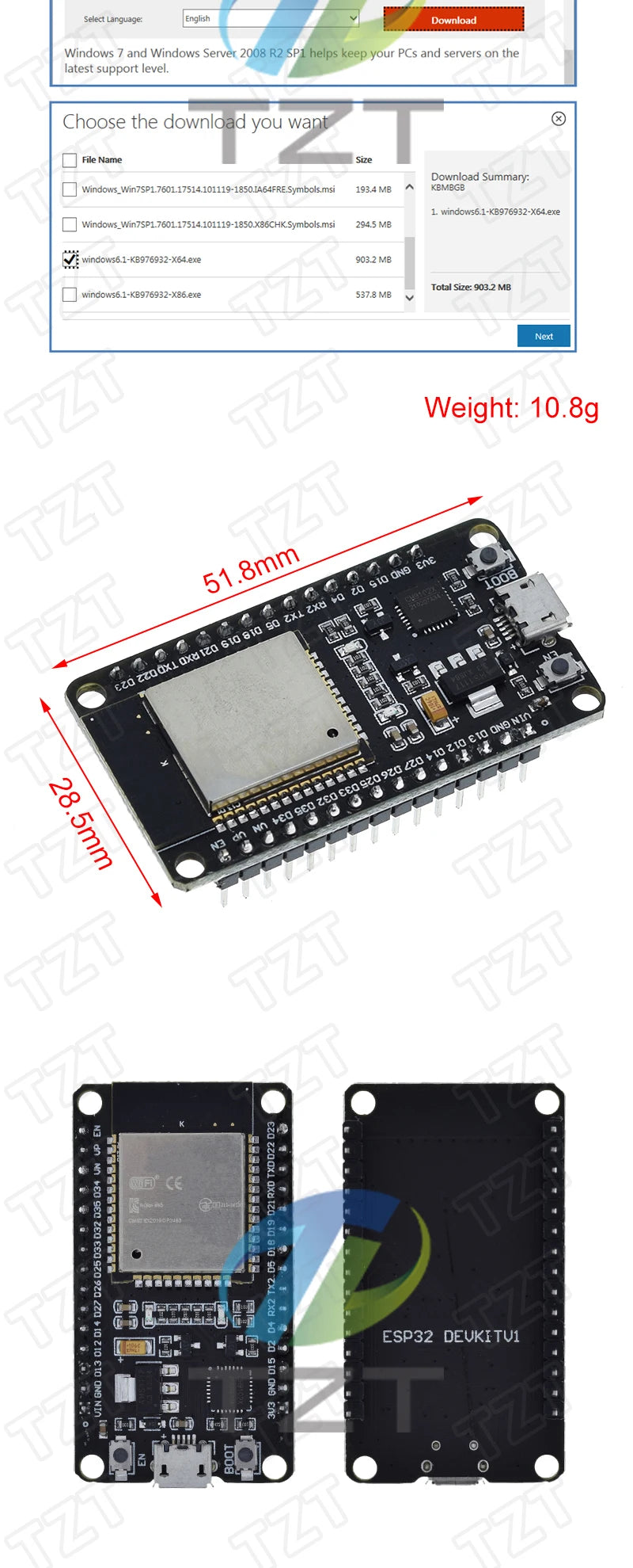 Placa Desarrollo DIYTZT ESP32 (ESP-32/ESP-32S/ESP32-CAM/ESP-WROOM-32) WiFi + Bluetooth Doble Núcleo Bajo Consumo