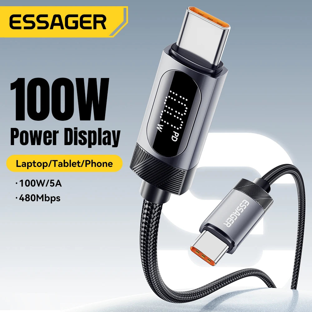 Cable Essager USB-C a Tipo C PD 100W Carga Rápida con Pantalla Digital para iPhone 15/16/Xiaomi/Huawei/Macbook/iPad