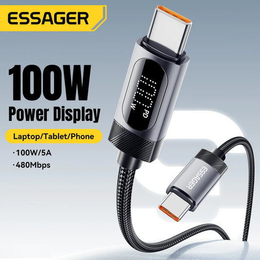 Cable Essager USB-C a Tipo C PD 100W Carga Rápida con Pantalla Digital para iPhone 15/16/Xiaomi/Huawei/Macbook/iPad