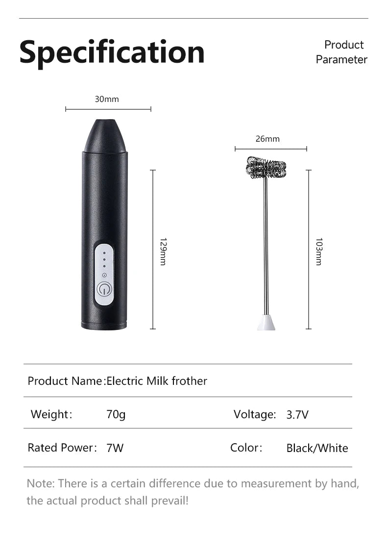 Espumador Leche Inalámbrico Eléctrico Recargable (Tipo C) Batidor Mano Acero Inoxidable Mini Mezclador Café/Cappuccino/Crema