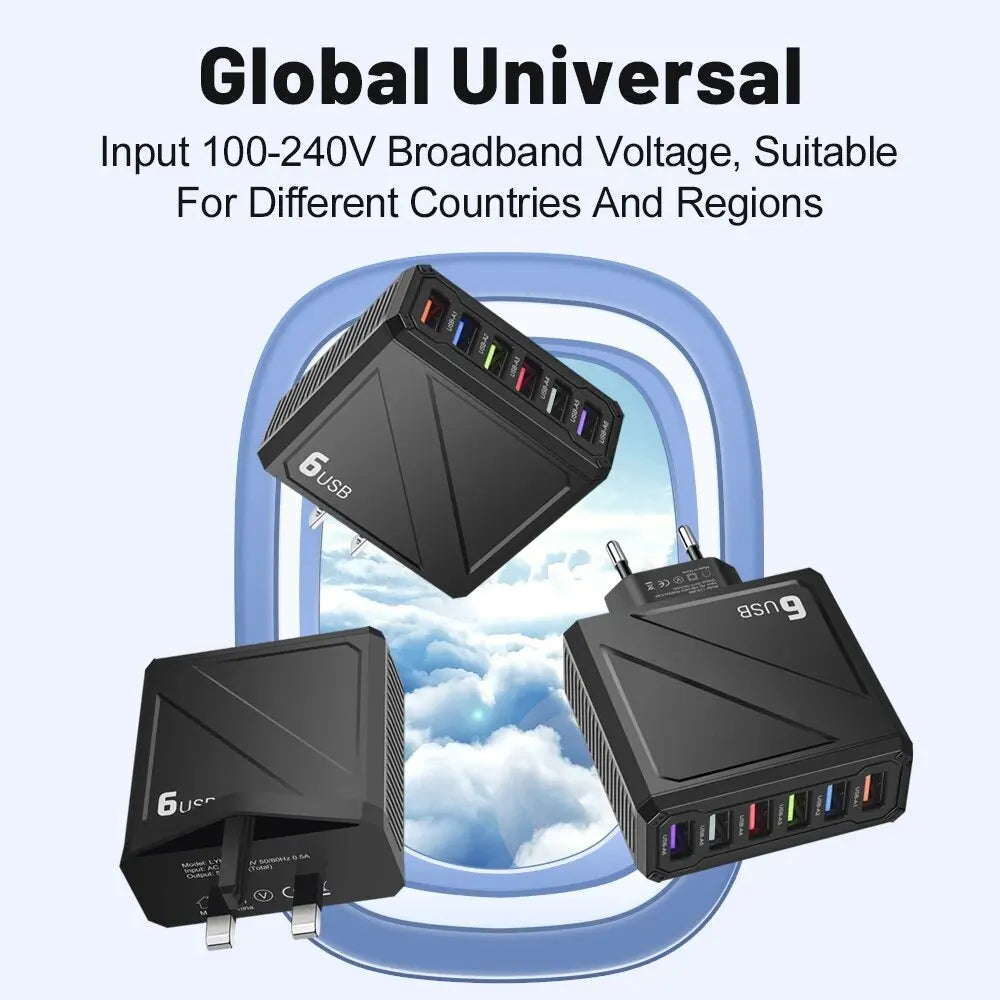 Cargador Pared USB 6 Puertos 3.1A Carga Rápida Adaptador Móvil para iPhone/Samsung/Xiaomi/Huawei