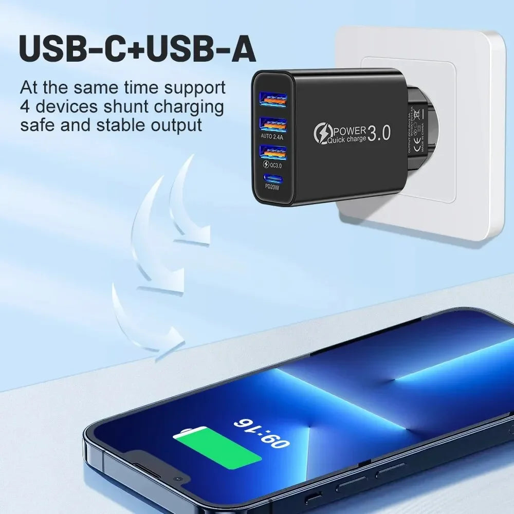 Cargador Pared Múltiple 4 Puertos USB (Total 60W) Carga Rápida PD Tipo C Adaptador Móvil para Xiaomi/iPhone 14/15/Samsung S24
