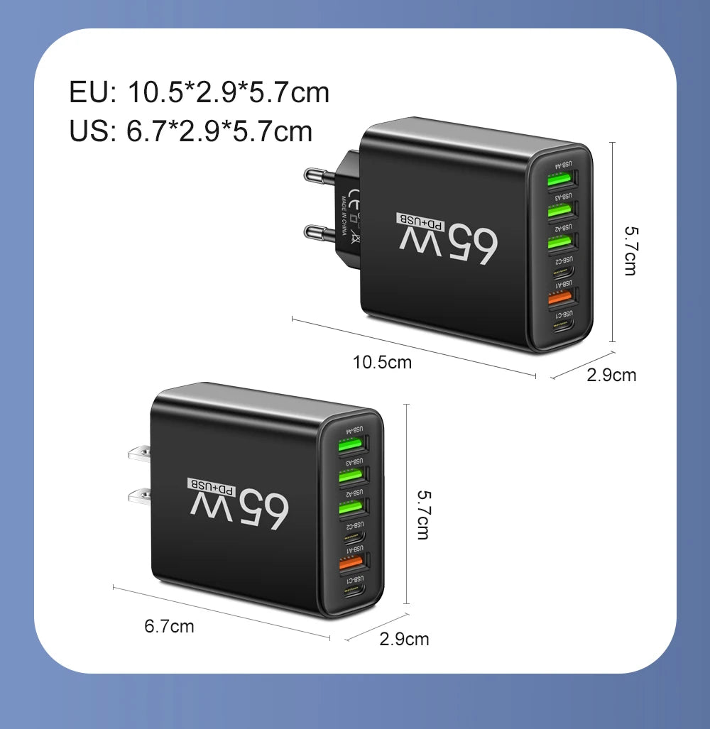 Cargador Pared Rápido USB-C 65W (6 Puertos) para iPhone 14/15 Pro Max, Samsung S23, Xiaomi 14