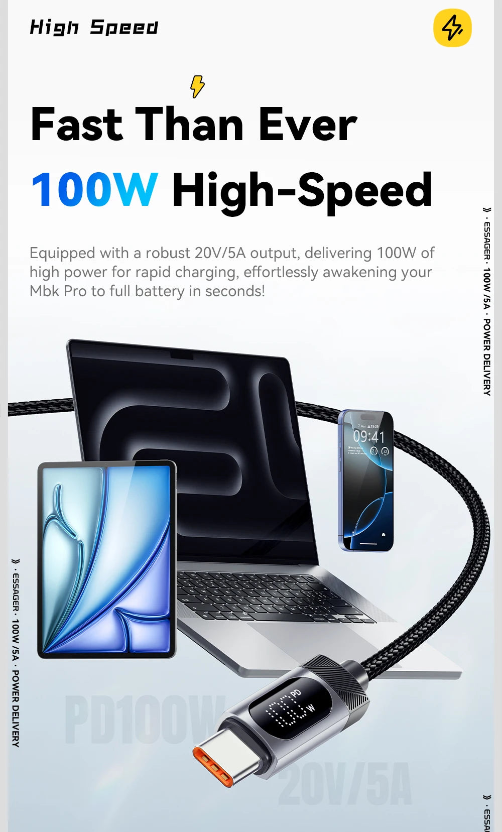 Cable Essager USB-C a Tipo C PD 100W Carga Rápida con Pantalla Digital para iPhone 15/16/Xiaomi/Huawei/Macbook/iPad
