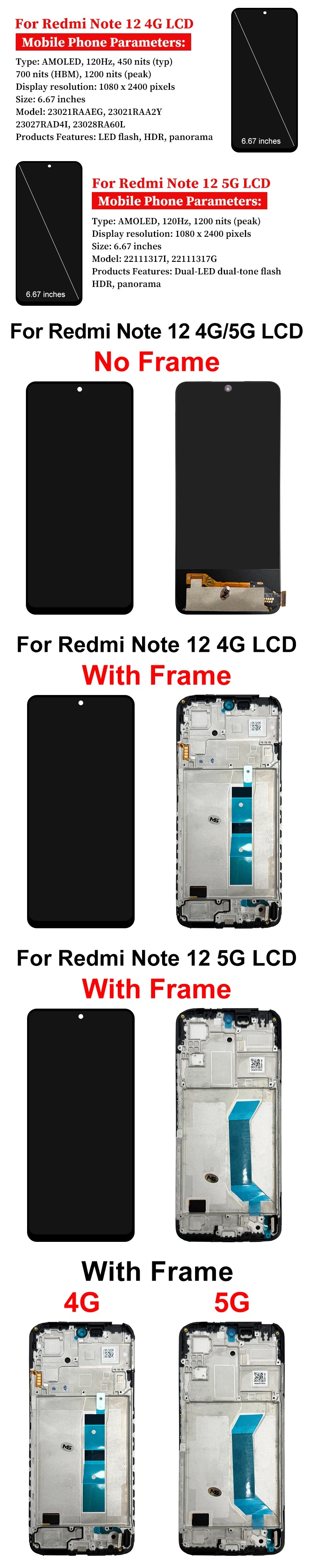 OLED For Xiaomi Redmi Note 12 5G Display 22111317I Touch Screen Digitizer For Redmi Note 12 4G LCD 23027RAD4I Replacement Parts