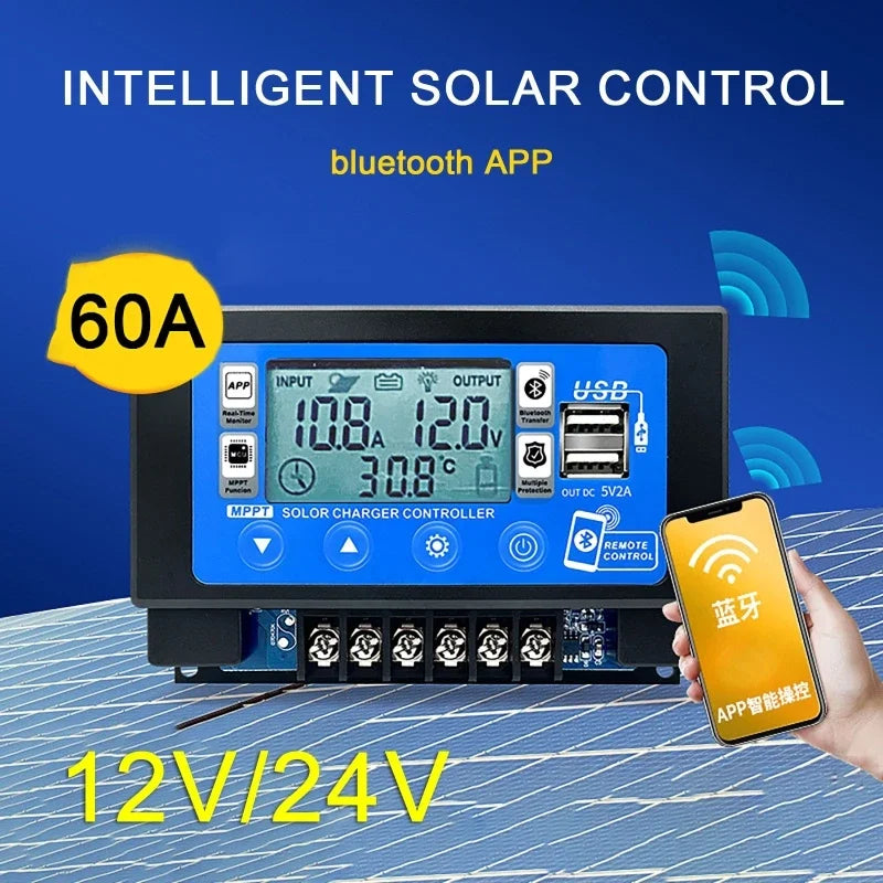 Controlador Carga Solar MPPT 30A/60A 12V/24V LCD Display Bluetooth/WiFi Snap-On Almacenamiento Energía