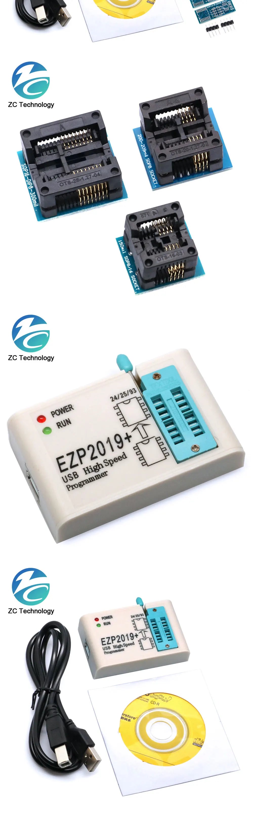 Kit Programador USB SPI Alta Velocidad EZP2019 (Última Versión) Full Set con Adaptadores Socket para EEPROM 24/25/93, Flash 25 BIOS Chip