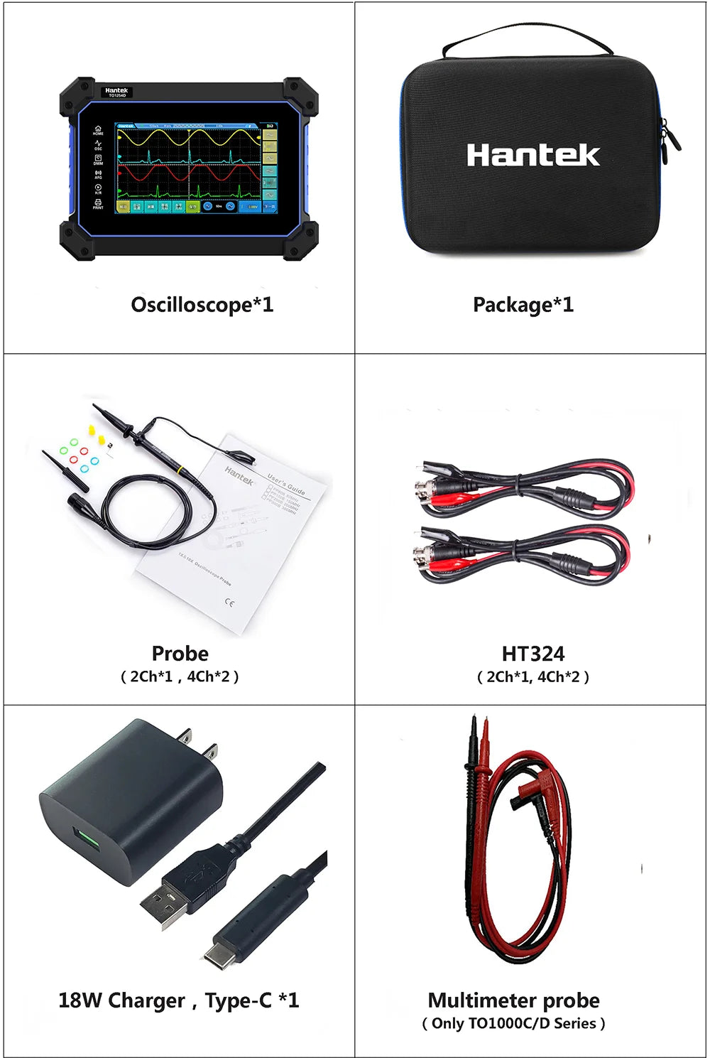 Osciloscopio Digital Hantek TO1112D Pantalla Táctil 2 Canales 110MHz Portátil + Generador Señal + Multímetro