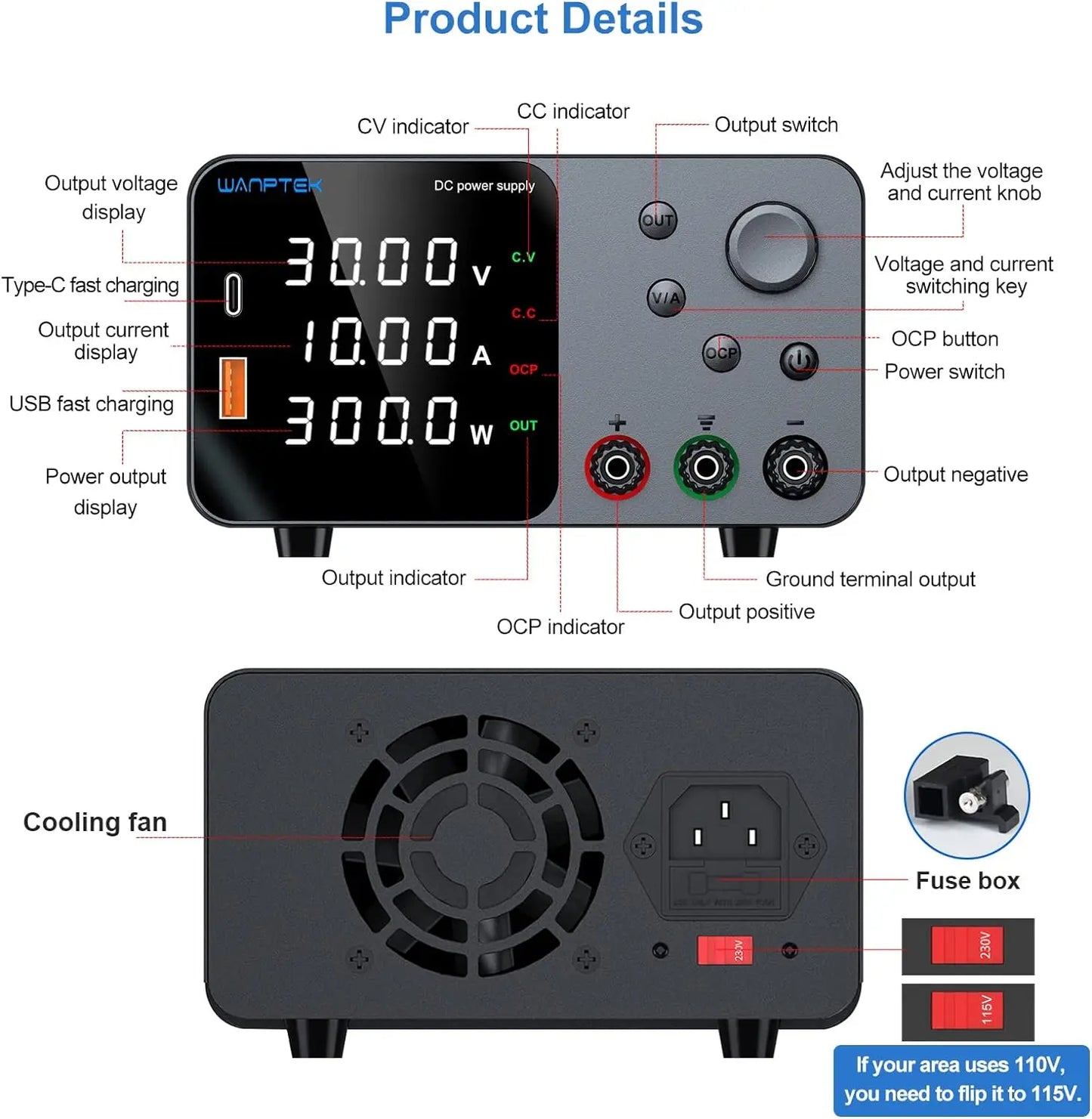 Fuente de Poder Laboratorio WANPTEK DC Ajustable 30V/60V/120V Regulador Voltaje Preajuste V/A (Input 110V/220V)