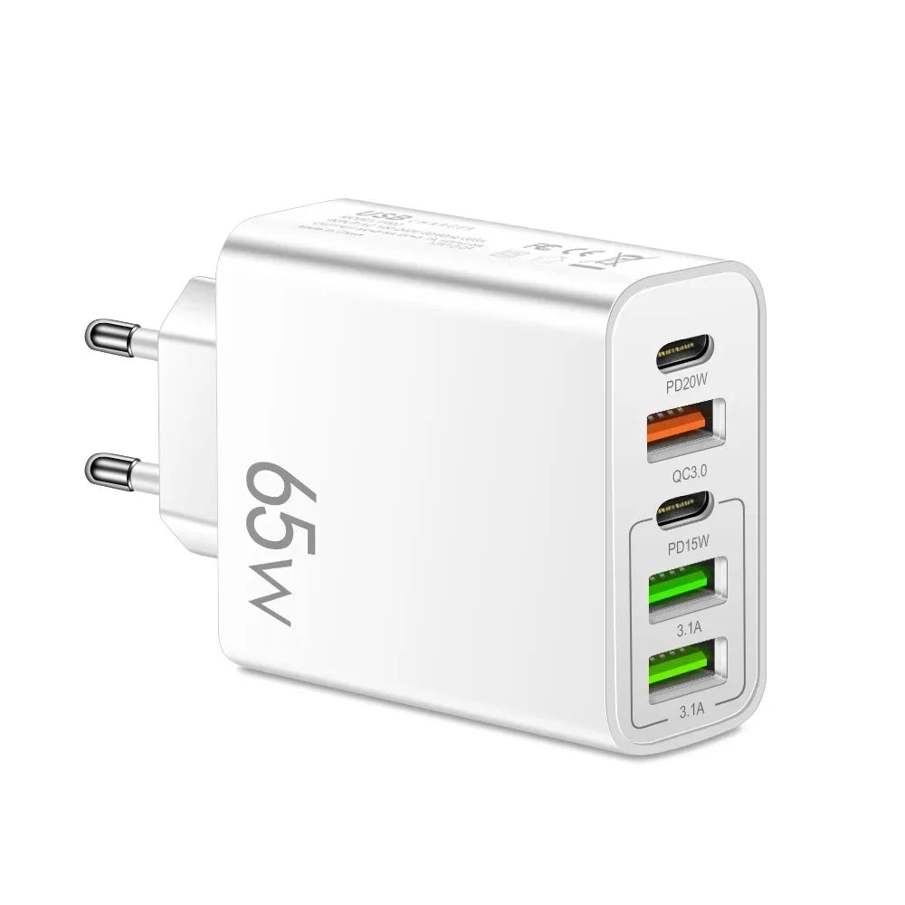 Cargador Pared USB C PD 20W + 4 Puertos USB (Total 65W) Carga Rápida QC 3.0 Adaptador para iPhone 15 Pro/Samsung/Xiaomi
