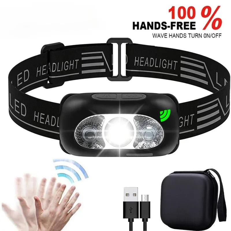 Linterna Frontal LED Portátil Luz Fuerte con Sensor (Recargable USB) para Camping Exterior/Pesca/Emergencia